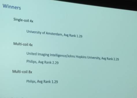 Фотография из зала с презентации Nicola Pezzotti  с изображением победителей:  Philips Researchна первом месте в треках Multi-coil 4x и 8x